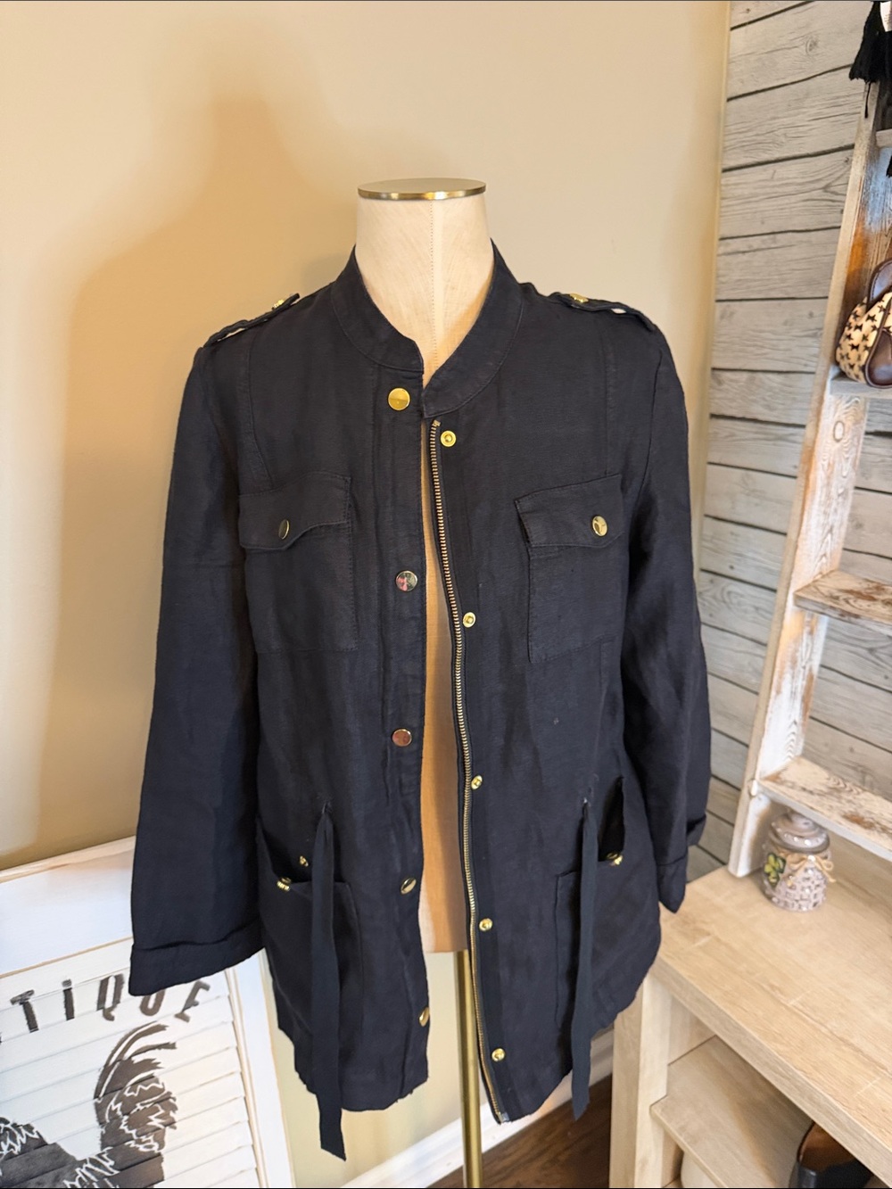 Chicos Women's Black-Style Field Jacket with Gold Hardware